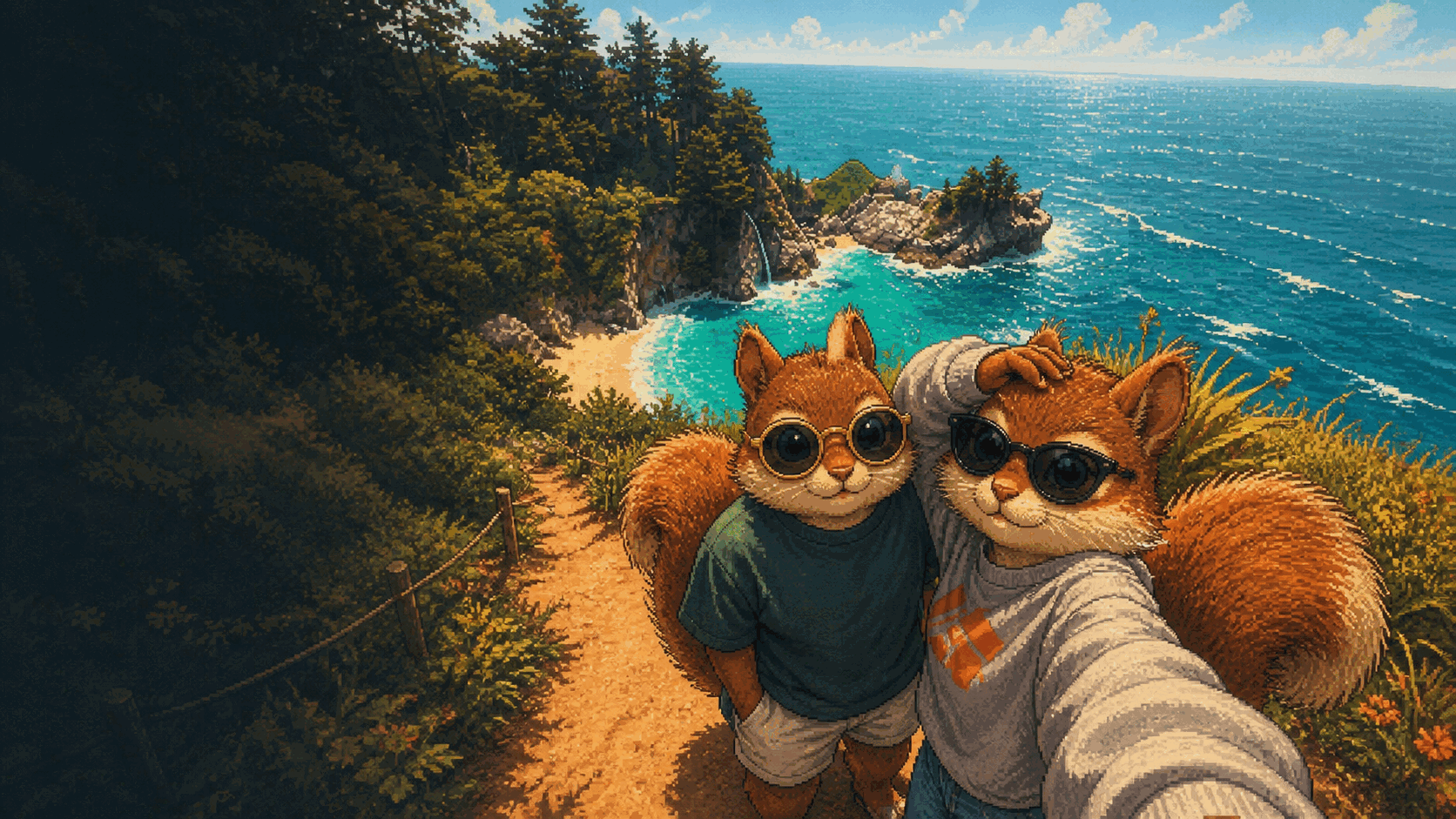 Two squirrel travelers taking a selfie above McWay Falls