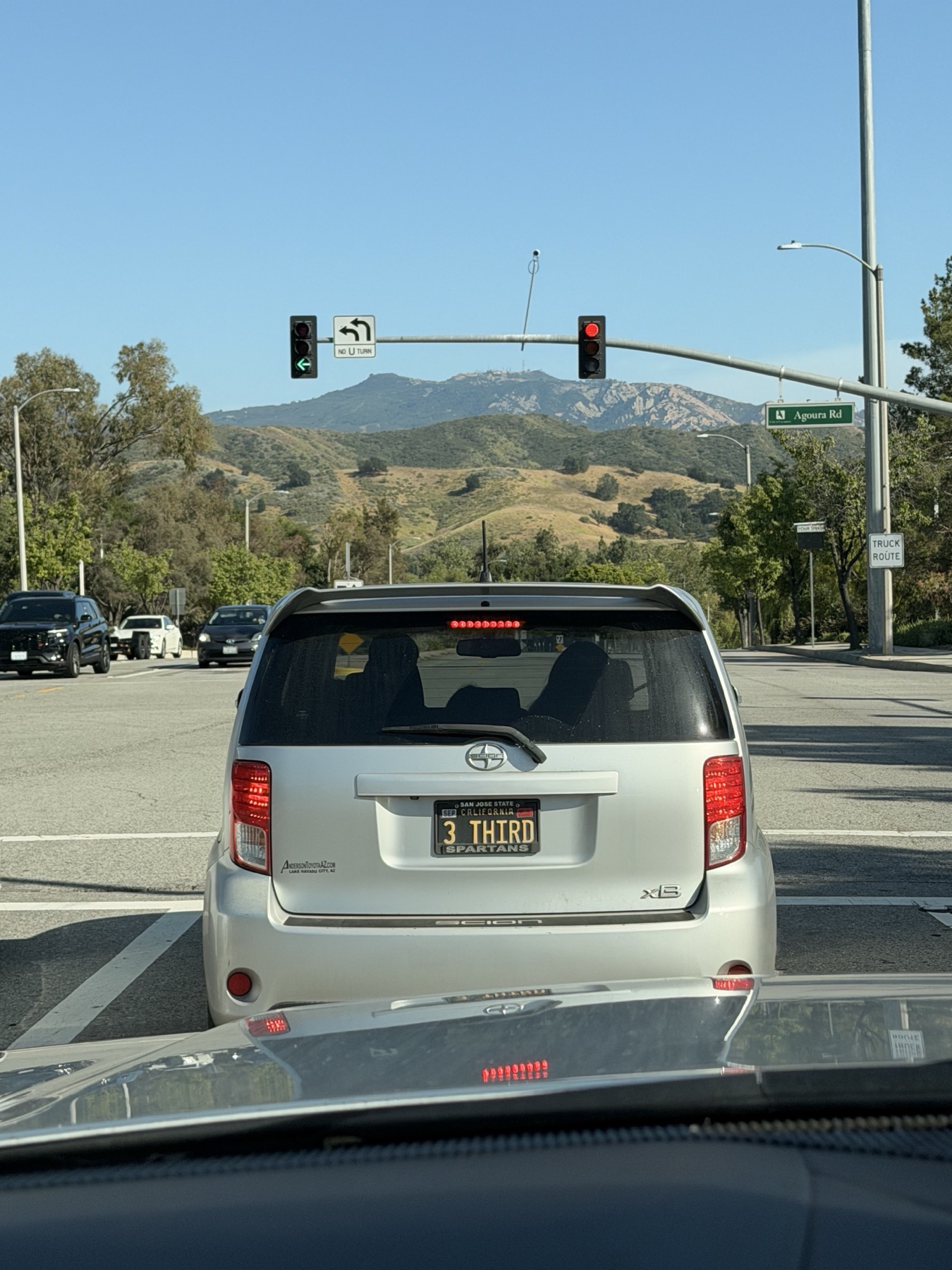 The view through the windshield at Agoura Road